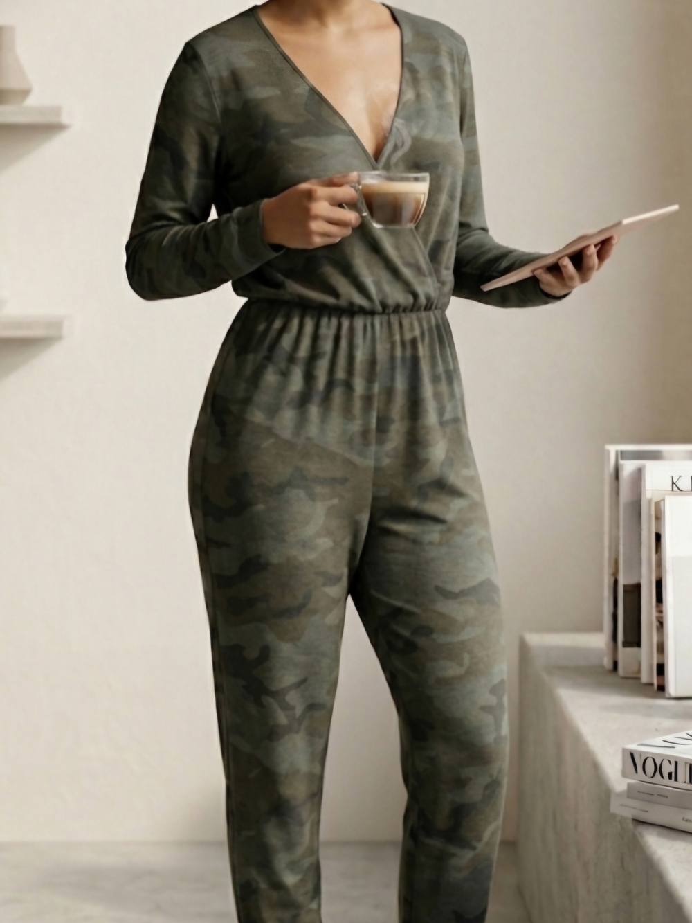 Rewind Olive Distressed Camo V-Neck Long Sleeve Jumpsuit - LARGE